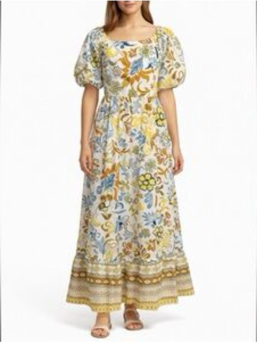 Free People LÉA Floral Boho Maxi Dress Puff Sleeves
